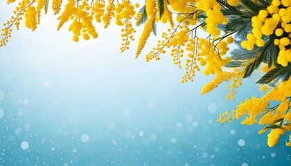 淡い水色のキラキラ背景と黄色いミモザの花の春フレーム