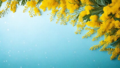 淡い水色のキラキラ背景と黄色いミモザの花の春フレーム