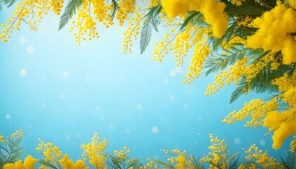 淡い水色のキラキラ背景と黄色いミモザの花の春フレーム