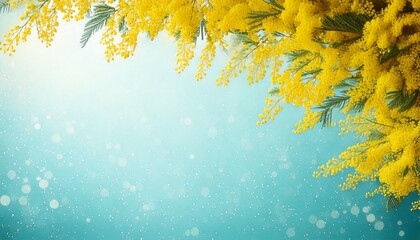 淡い水色のキラキラ背景と黄色いミモザの花の春フレーム