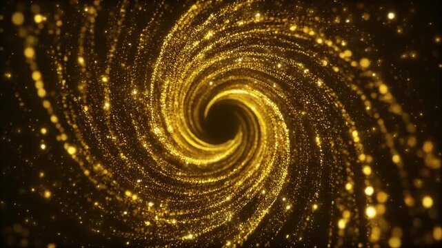 Elegant swirling vortex of sparkling gold particles in slow rotation
