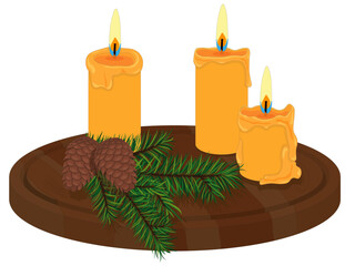 Composition with three candles on wooden board with fir branch