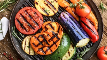 Grilled colorful vegetables arranged on a griddle.