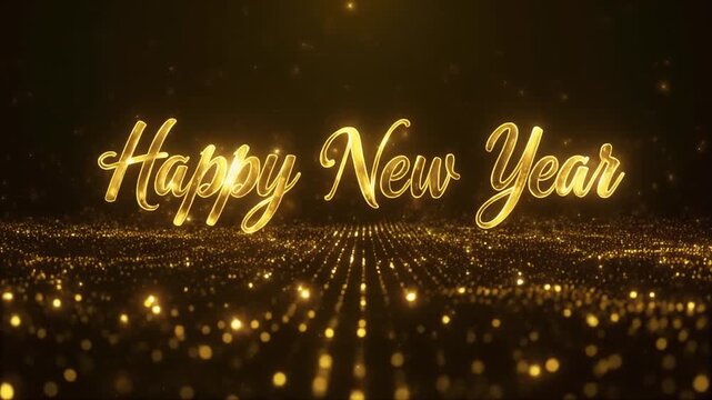 Shiny golden &lsquo;Happy New Year&rsquo; text appearing with shimmering particles and smooth camera