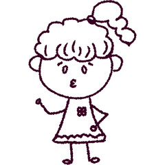 Obraz premium A charming hand-drawn illustration of a young girl with curly hair in a ponytail, a cute dress, and a playful expression, perfect for children's media