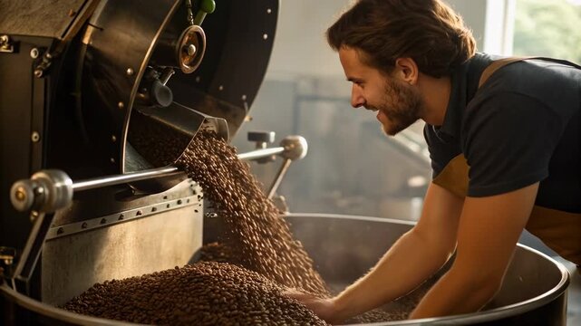 Artisan coffee roaster inspecting freshly roasted bean batch with warm light, man pouring roasted bean into cooling drum, small batch roast fresh