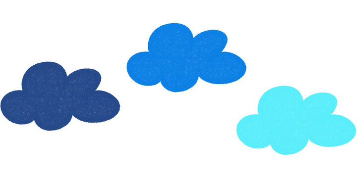A trio of fluffy clouds in varying shades of blue against a white background, representing weather and the sky in a simple illustration