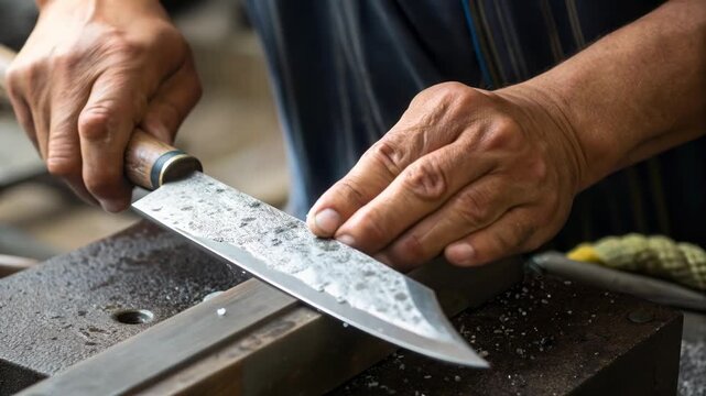 Hand sharpening handmade kitchen knife whetstone and metal bench�skilled craftsman shaping blade with steady hands, focused sharpening of steel warm