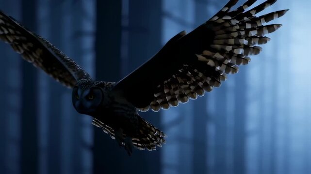 Owl in flight at night over a misty forest