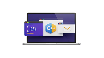 3D Laptop with programming and email icons on screen on transparent background