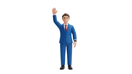3D businessman waving hello on transparent background