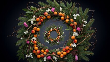 Apricot wreath with evergreen branches and flowers on dark background