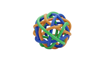 3D Abstract sphere of intertwined colorful tubes on transparent background