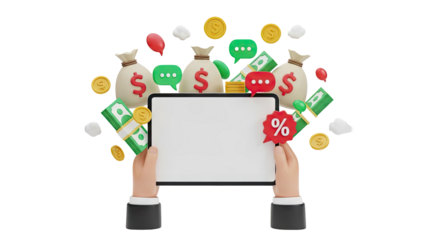3D Hands holding a tablet surrounded by money and financial symbols on transparent background