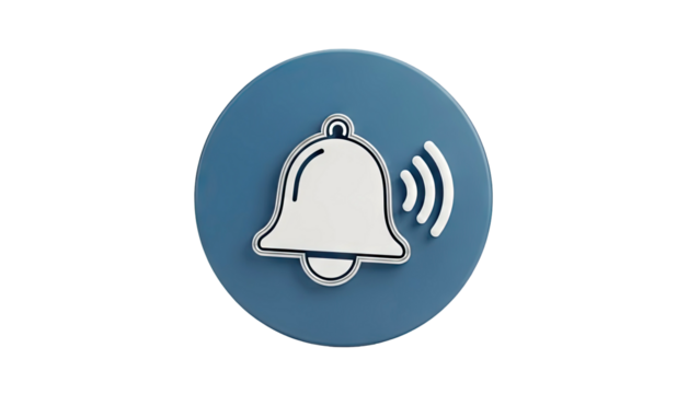 3D Bell icon with sound waves on blue circle on transparent background - Powered by Adobe