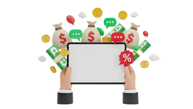 3D Hands holding a tablet surrounded by money and financial symbols on transparent background - Powered by Adobe