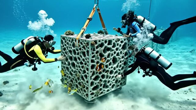 Scuba divers in black wetsuits installing a large, porous, white, cube-shaped artificial reef underwater, surrounded by small yellow fish