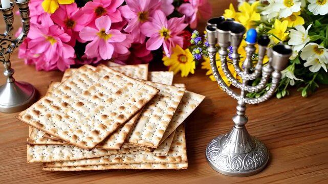 Passover Seder table setting with matzah, candlesticks, and flowers