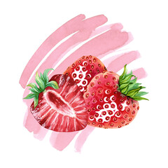 A red, juicy strawberry with a green leaf against a pink splash of strawberry juice or yogurt. A beautiful berry design. Summer red berries. Sweet ripe strawberry. Hand drawn watercolor illustration