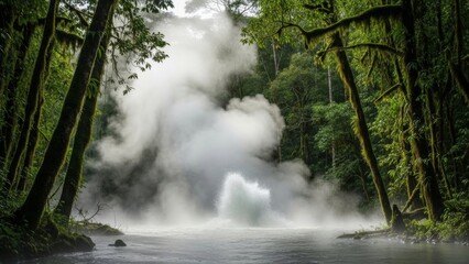 Mystical river scene with geothermal steam in lush forest