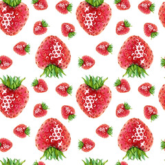 A seamless pattern for fabric or packaging featuring a juicy strawberries. A simple yet elegant endless, delicious fresh red berry with green leaves on top pattern. Hand drawn watercolor illustration