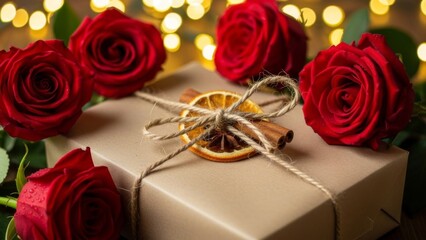 Roses and gift box adorned with dried orange and cinnamon