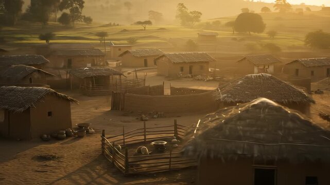 Aerial View of a Traditional Village at Sunrise, showcasing rustic dwellings and landscapes