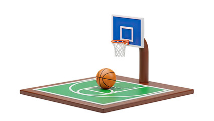 3D Basketball hoop and ball on a miniature court on transparent background