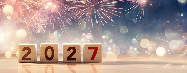 Futuristic 2027 New Year concept with glowing golden waves and sparkles.