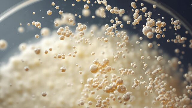 Bacteria Microorganism Growth Microscopic View of Fascinating Bubbles and Particles in Petri Dish, Revealing Dynamic Science of Microbial Life