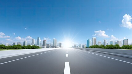 Fototapeta premium Expansive Urban Road Leading Towards Bright Horizon Under Clear Blue Sky with Modern City Skyline and Greenery Alongside