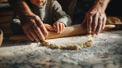 Father and young son baking cake together in a bright home kitchen, joyful family bonding moment, teaching child cooking skills and creating sweet homemade memories.