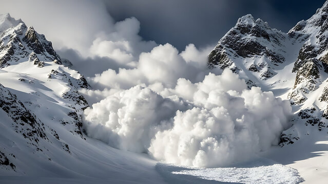 Massive snow avalanche cascading down a steep mountain slope under a dramatic sky