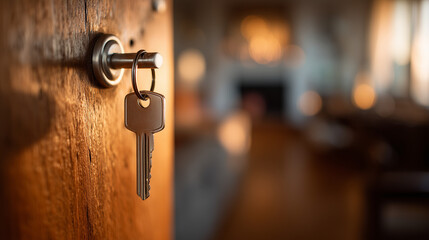 Obraz premium Close up view of a house key hanging from a door lock, symbolizing home access, security, and property ownership. Minimal detail shot of metal key in residential setting.