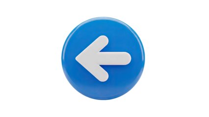 3D Blue circle with white arrow pointing left on transparent background