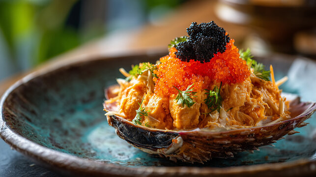 Close up of Japanese kani miso, rich crab tomalley delicacy served in shell bowl, creamy umami seafood specialty from Japan, gourmet traditional cuisine.