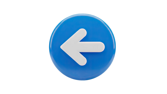 3D Blue circle with white arrow pointing left on transparent background - Powered by Adobe