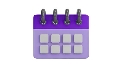3D 3D stylized calendar icon with purple and lavender colors on transparent background