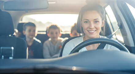 Smiling woman driving a car with children in the backseat, enjoying a joyful road trip experience, capturing the essence of family travel and happiness