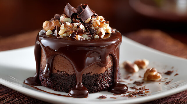 Decadent mini chocolate mousse cake topped with rich glossy ganache, creamy texture and elegant presentation, perfect gourmet dessert for cafe menu or celebration.