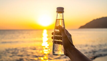 Hand holding a cold water bottle with condensation, illuminated by a vibrant golden sunset over the ocean.