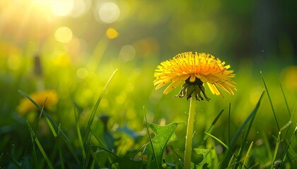 Bright yellow dandelion blooming in green grass, with golden sun rays and soft bokeh light in a sunny spring meadow.