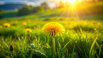 Vibrant yellow dandelion flower in sharp focus, standing tall in a lush green field filled with blurred dandelions, illuminated by golden sunlight and sun rays during a sunny spring day.
