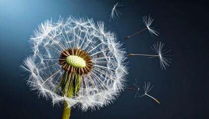 Dandelion head with white fluffy seeds dispersing in the wind against a dark blue background, macro close-up.