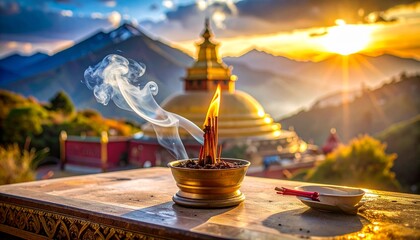 Burning Incense and Lit Lamp Offering at Golden Buddhist Temple with Mountain Sunset