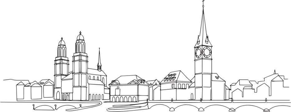 Clean Zurich city skyline line art featuring historic towers and rooftops.