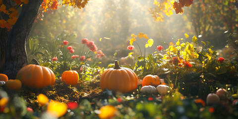 Pumpkins in Sunlit Autumn Meadow with Golden Foliage