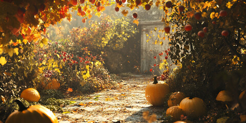 Autumn Garden Path with Pumpkins and Golden Sunlight