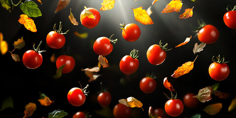 Fresh Cherry Tomatoes Falling with Leaves on Dark Background