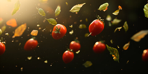Fresh Cherry Tomatoes Falling with Leaves on Dark Background